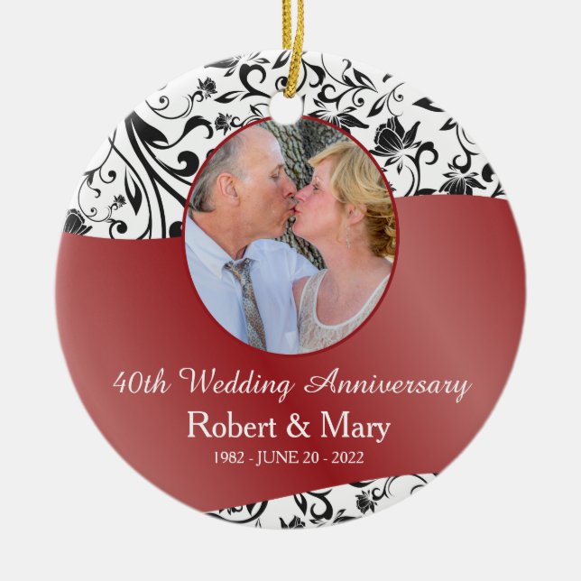 Black Swirl & Red 40th Wedding Anniversary Photo Ceramic Tree Decoration (Front)