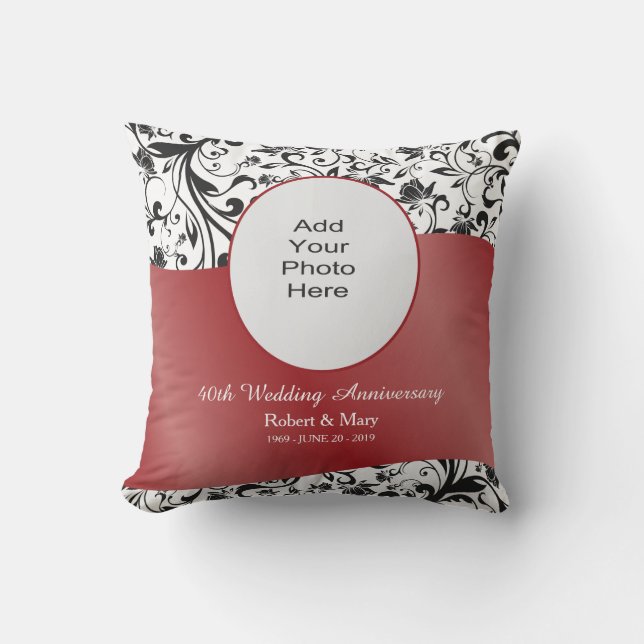 Black Swirl & Red 40th Wedding Anniversary Photo Cushion (Front)