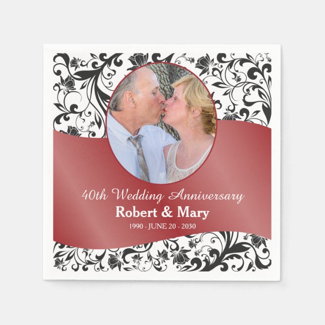 Black Swirl & Ruby 40th Wedding Anniversary Photo Napkin (Front)
