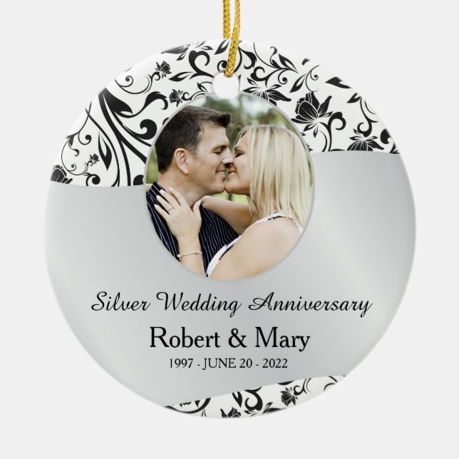 Black Swirl & Silver 25th Wedding Anniversary Ceramic Tree Decoration (Front)