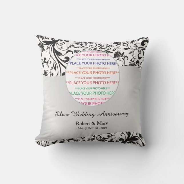 Black Swirl & Silver 25th Wedding Anniversary Cushion (Front)