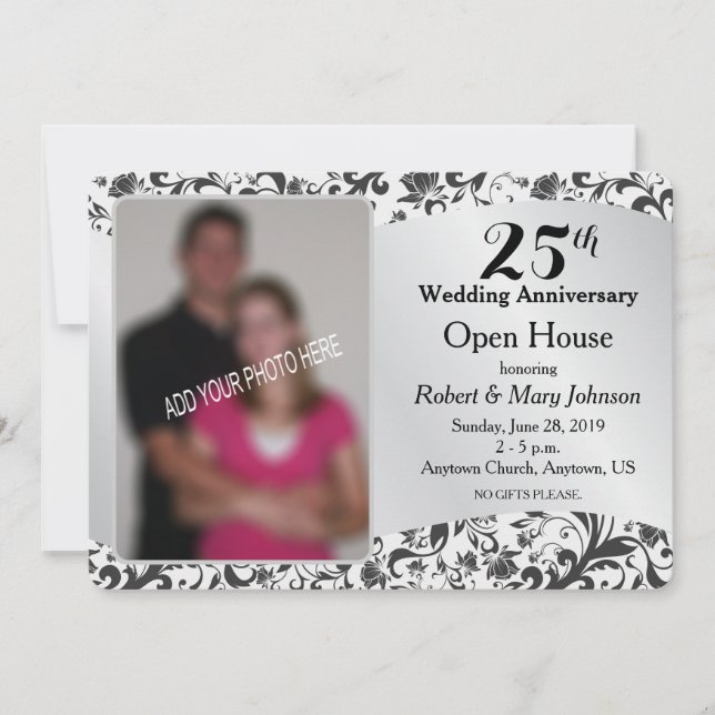 Black Swirl & Silver 25th Wedding Anniversary Invitation (Front)