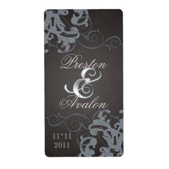 Black Swirl Silver Jewelled Wedding Wine Label Shipping Label