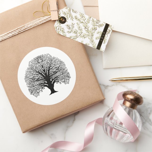 Black Swirl Tree Classic Round Sticker (Gifting)