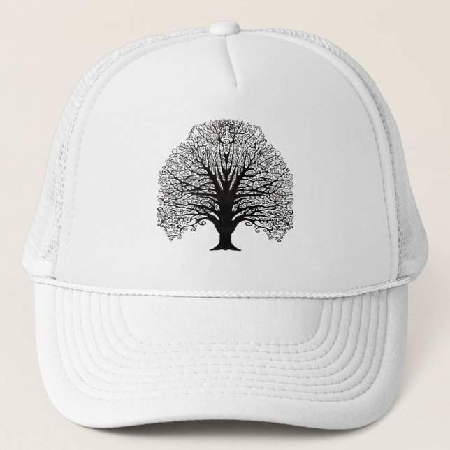 Black Swirl Tree Trucker Hat (Front)