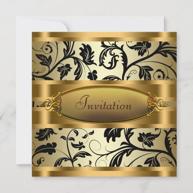 Black Swirl Vines Black Gold Party Invitation (Front)