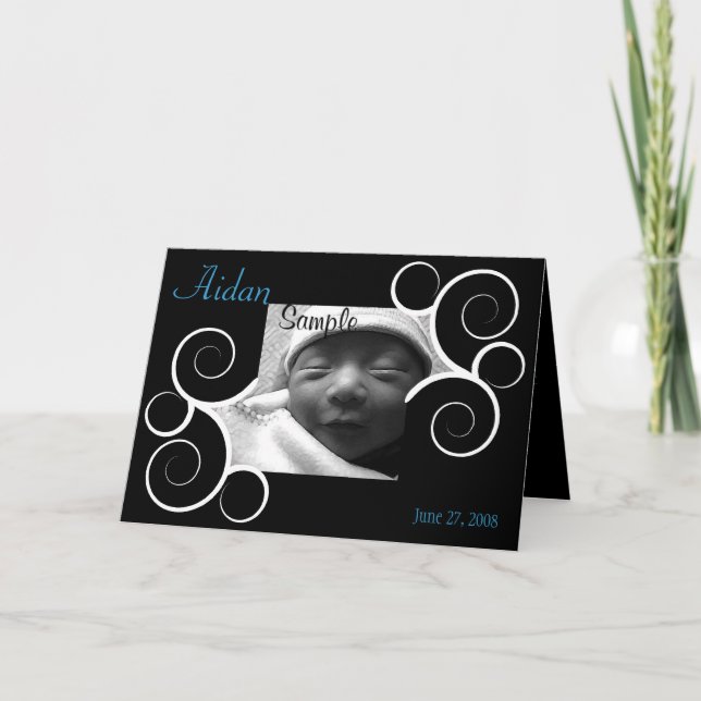 Black Swirl with Blue Text Birth Announcement (Front)