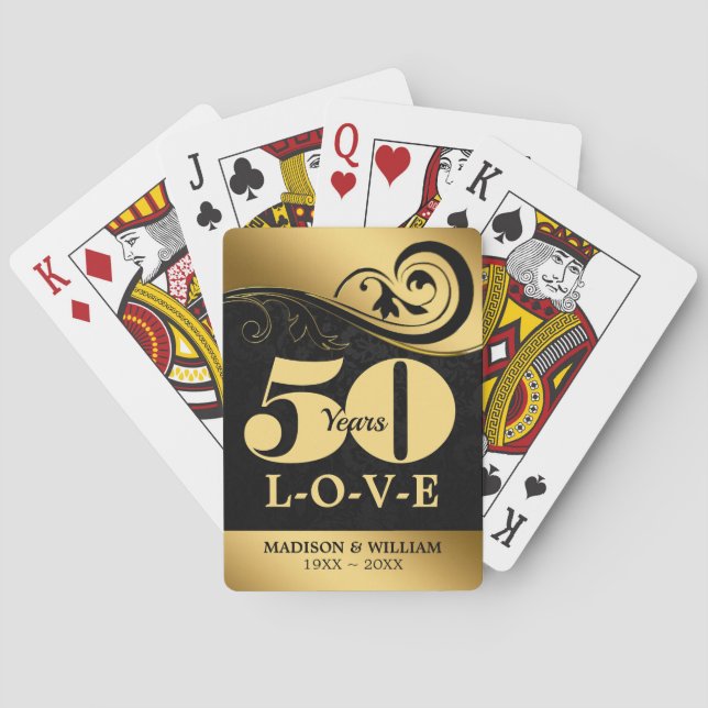 Black Swirls and Damask Wedding Anniversary Playing Cards (Back)