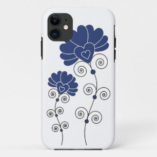 Black Swirls Blue Flowers Pattern - White iPhone 11 Case