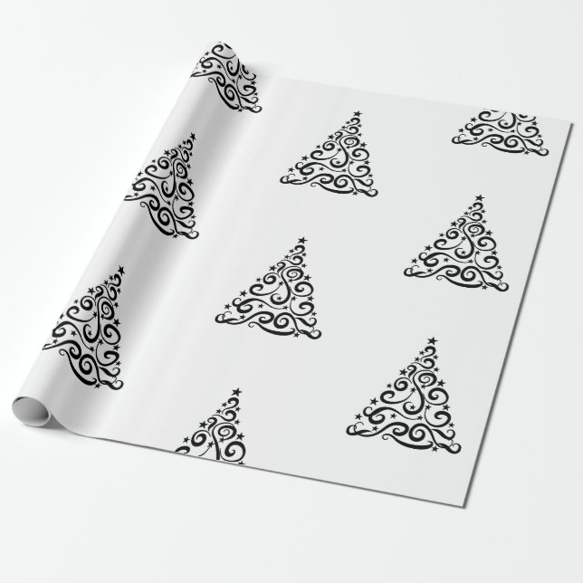 Black Swirls Christmas Trees on White Wrapping Paper (Unrolled)