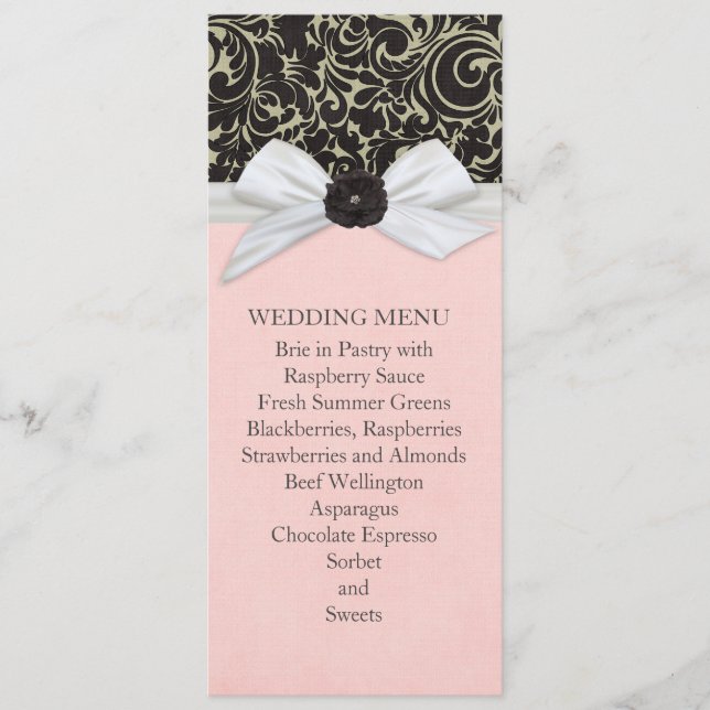 Black Swirls Floral Ribbon Damask Wedding Menu (Front)