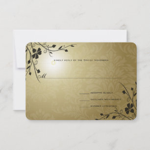 Black Swirls Gold Metallic Damask Wedding RSVP Card