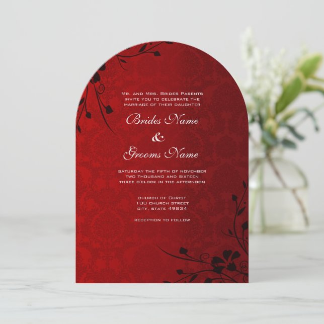 Black Swirls Lighter Red Metallic Damask Wedding Invitation (Standing Front)