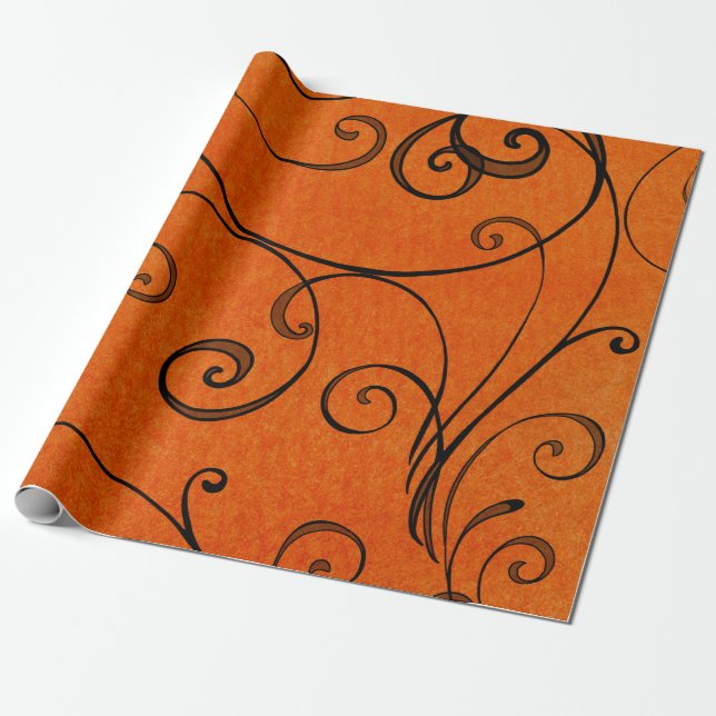 Black Swirls on Orange Gift Wrap  Paper (Unrolled)