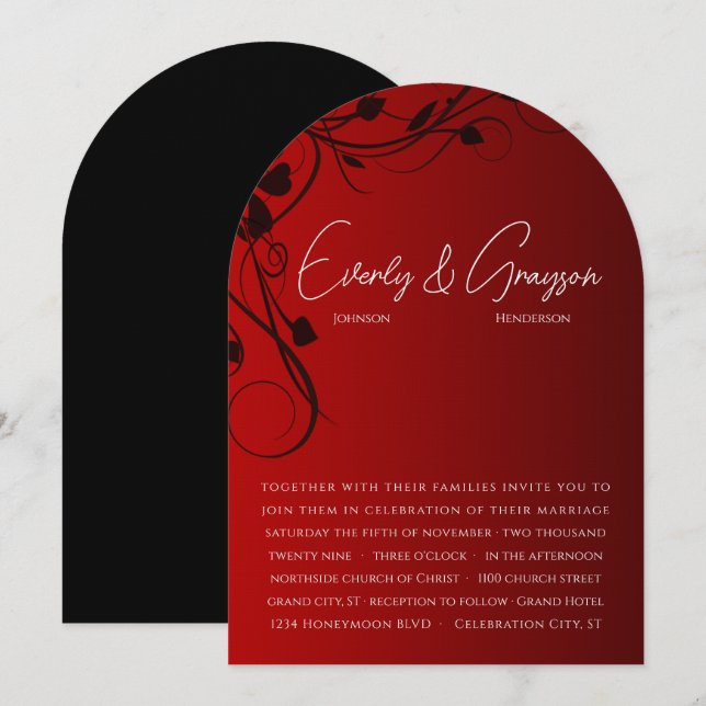 Black Swirls on Red Wedding Invitation (Front/Back)