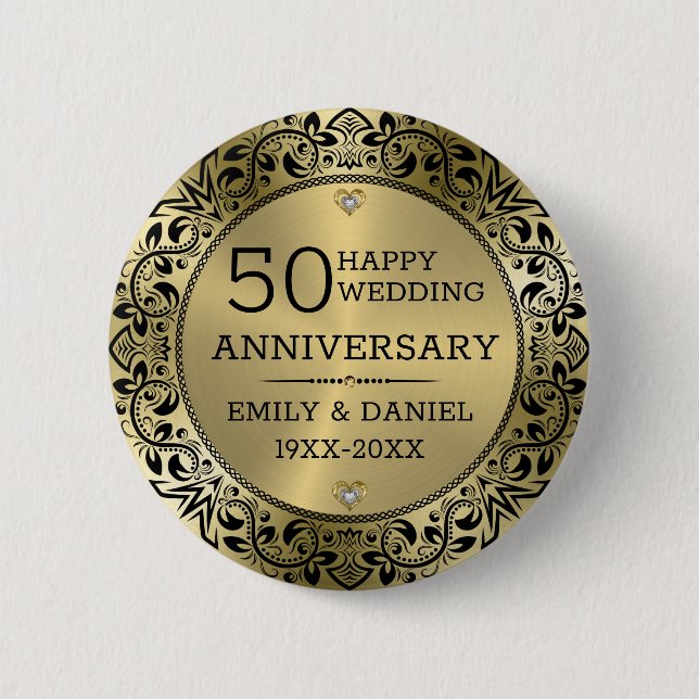 Black swirly frame 50th wedding anniversary 6 cm round badge (Front)