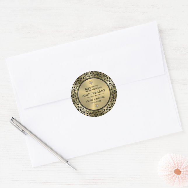 Black swirly frame 50th wedding anniversary  classic round sticker (Envelope)