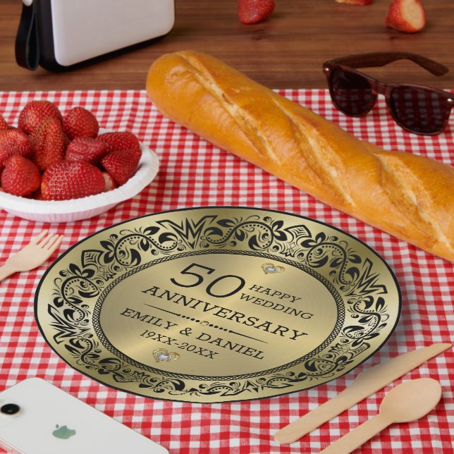 Black swirly frame 50th wedding anniversary paper plate (Picnic)