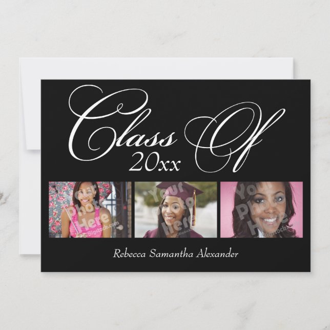 Black Swirly Script 3-Photo Graduation Invitation (Front)