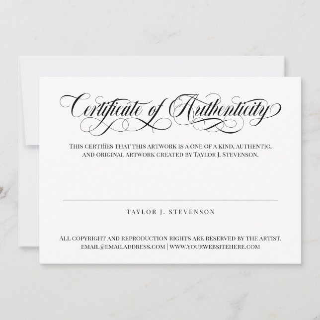 Black Swirly Script Certificate of Authenticity (Front)