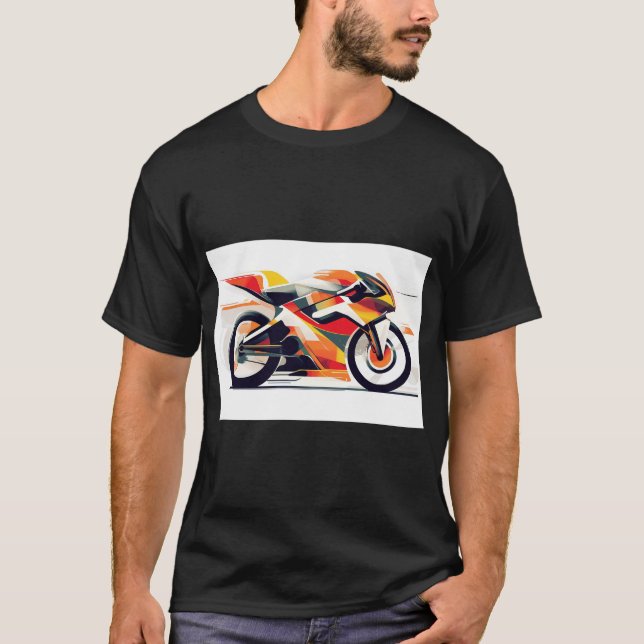 Black t-shirt with a bold motorcycle design. (Front)