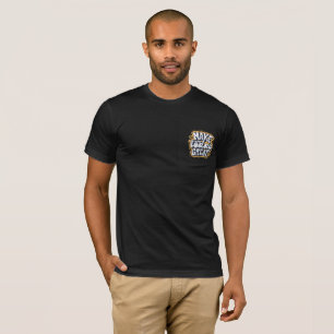 Black t-shirt with  text written on it 