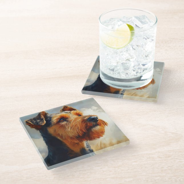 BLACK & TAN AIREDALE TERRIER DOG GLASS COASTER (Angled)