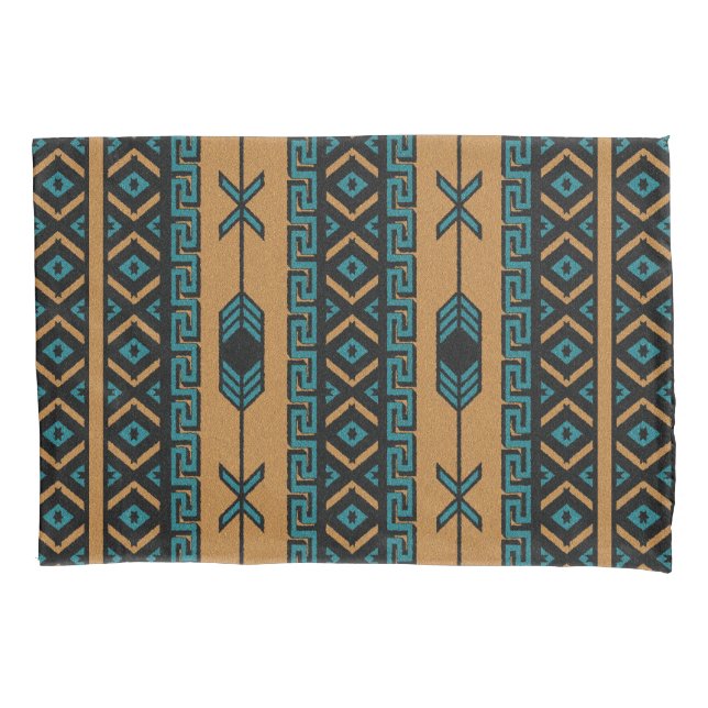 Black Tan And Turquoise Aztec Pattern Pillowcase (Front)