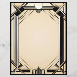 Black Tan and White Art Deco Frame Stationery Custom Letterhead