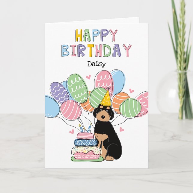 Black Tan Aussiedoodle Dog Happy Birthday Card (Front)