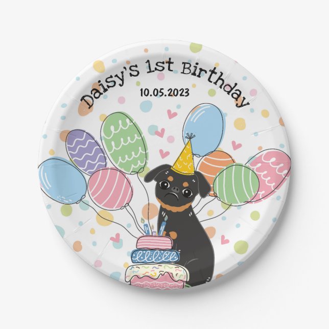 Black Tan Brussels Griffon Dog Birthday Party Paper Plate (Front)