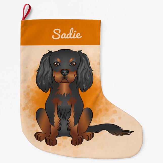 Black & Tan Cavalier King Charles Dog On Orange Large Christmas Stocking (Front)