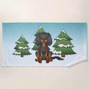 Black Tan Cavalier King Charles Spaniel In Winter Beach Towel