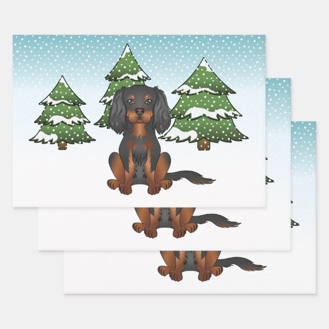 Black Tan Cavalier King Charles Spaniel In Winter Wrapping Paper Sheet (Set)