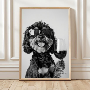 Black & Tan Cavapoo Drinking Wine Wall Art, Black Poster