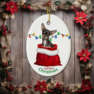 Black Tan Chihuahua Dog in Gift Bag Christmas Ceramic Tree Decoration