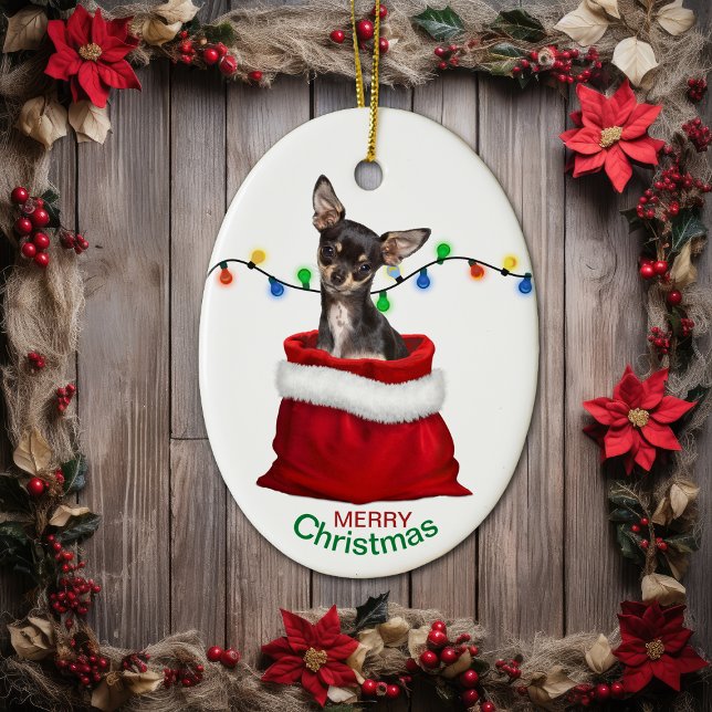 Black Tan Chihuahua Dog in Gift Bag Christmas Ceramic Tree Decoration (Creator Uploaded)