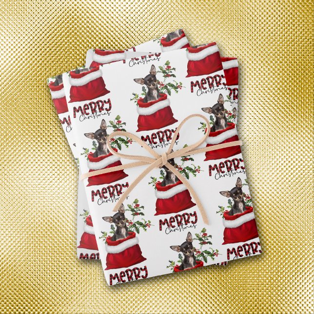 Black Tan Chihuahua Dog in Holiday Gift Bag Wrapping Paper Sheet (Creator Uploaded)