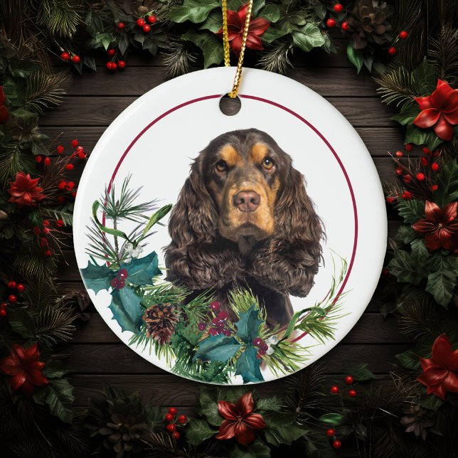Black Tan Cocker Spaniel Evergreen Berry Wreath Ceramic Tree Decoration (Creator Uploaded)