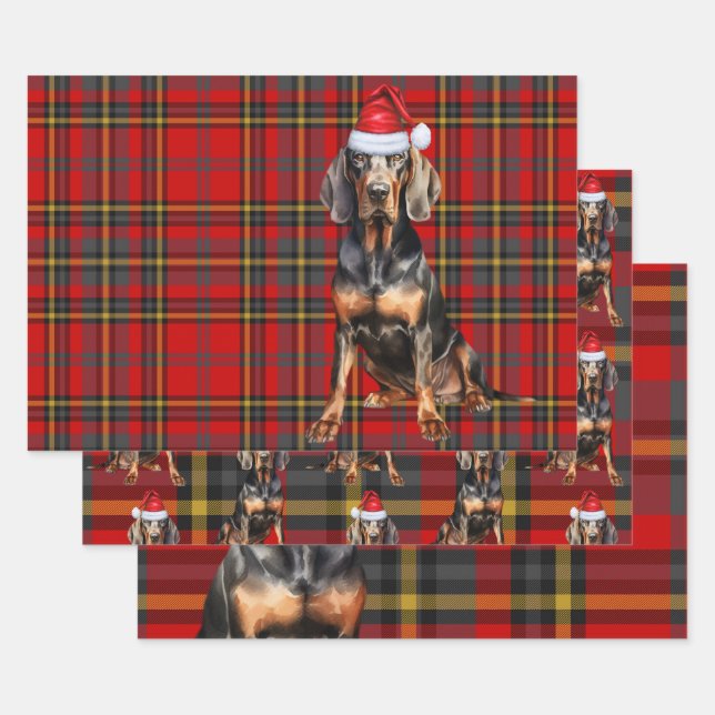 Black Tan Coonhound Christmas Dog Holiday Plaid Wrapping Paper Sheet (Set)