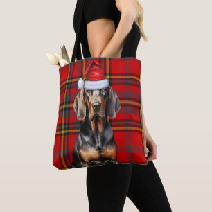 Black Tan Coonhound Christmas Dog Seasonal Plaid Tote Bag