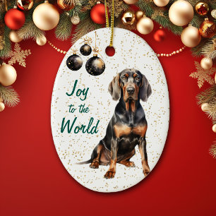 Black Tan Coonhound Dog Joy to the World Christmas Ceramic Tree Decoration