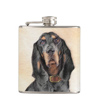 Black & Tan Coonhound Painting - Original Dog Art Hip Flask