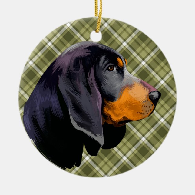 BLACK & TAN COONHOUND WITH GREEN PLAID PATTERN CERAMIC TREE DECORATION (Front)