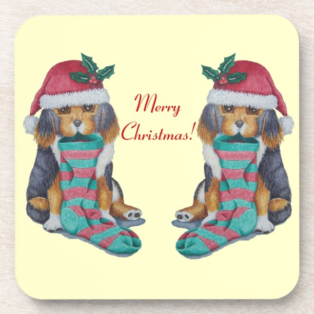 black tan cute puppy dog dressed for christmas coaster (Front)