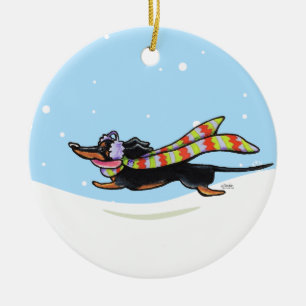 Black Tan Dachshund Cold Run Winter Ceramic Tree Decoration