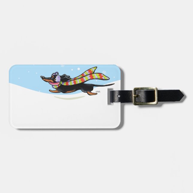 Black Tan Dachshund Cold Run Winter Luggage Tag (Front Horizontal)