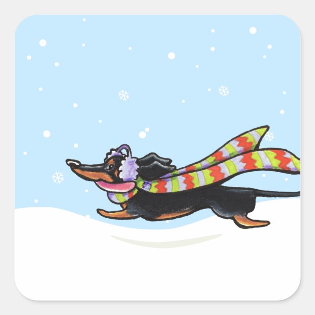 Black Tan Dachshund Cold Run Winter Square Sticker (Front)