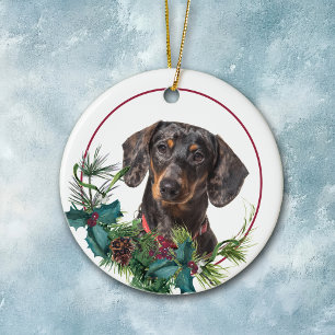 Black Tan Dachshund Dog Evergreen Berry Wreath Ceramic Tree Decoration