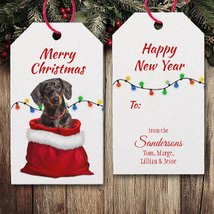 Black Tan Dachshund Dog in Santa Bag Gift Tags